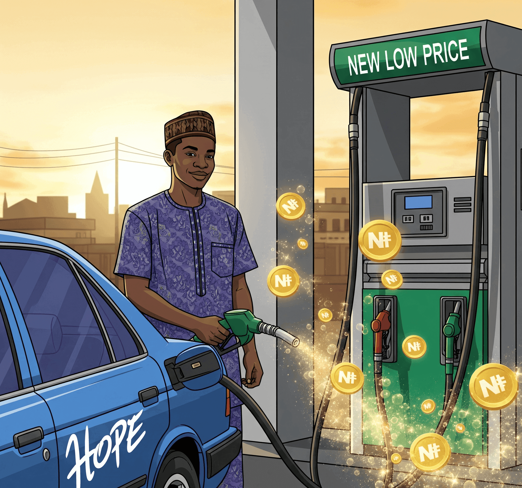 A Nigerian motorist refueling their car, symbolizing the potential relief from lower petrol prices.